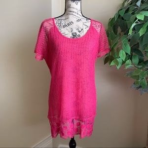 Indigo Soul Net Lace Short Sleeve Shift Dress Pink Sz L